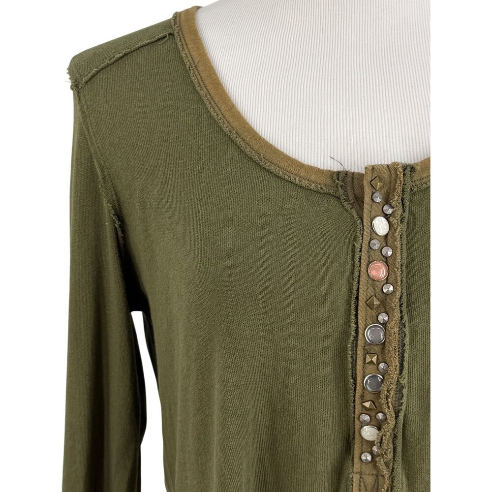 Free People Olive Green Long Sleeve Relaxed Henley Top | Boho Cottagecore Indie - Picture 4 of 16
